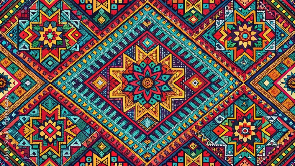 Vibrant Geometric Textile Design Featuring Intricate Mosaic Patterns and Bold Color Combinations Vibrant Geometric Textile Design Featuring Intricate Mosaic Patterns and Bold Color Combinations