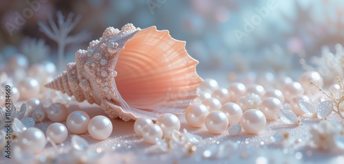 Wallpaper image of a clam shell emitting pearl beads in a soft pink color, decorated with blinking light like crystal light photo