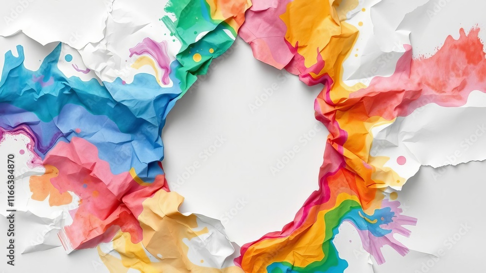 Abstract transformation design on torn white paper with crumpled texture and vibrant colors, art, crumpled Abstract transformation design on torn white paper with crumpled texture and vibrant colors, art, crumpled
