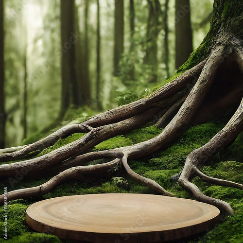 Wooden podium in the middle of a quiet and beautiful forest, showcase, product.