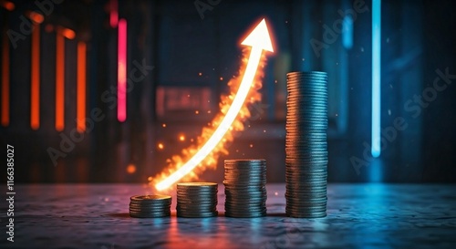 illustration of stacked coins forming an increasing graph for profit. profit, income