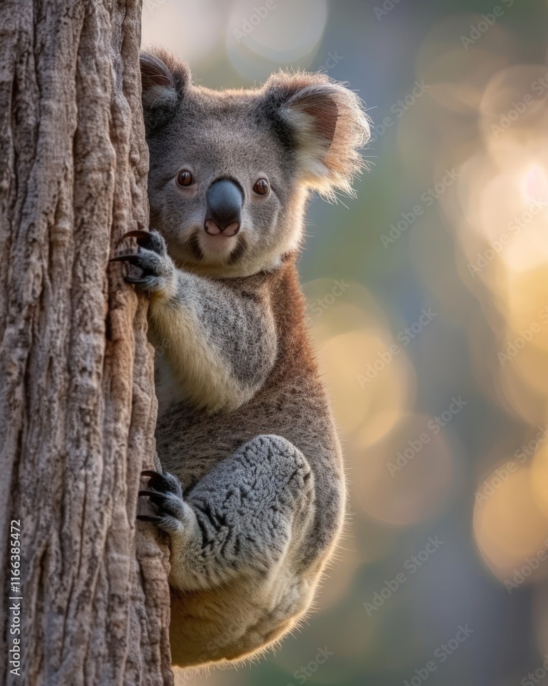 Obraz premium Adorable koala clinging to a tree trunk, bathed in warm, golden sunlight.