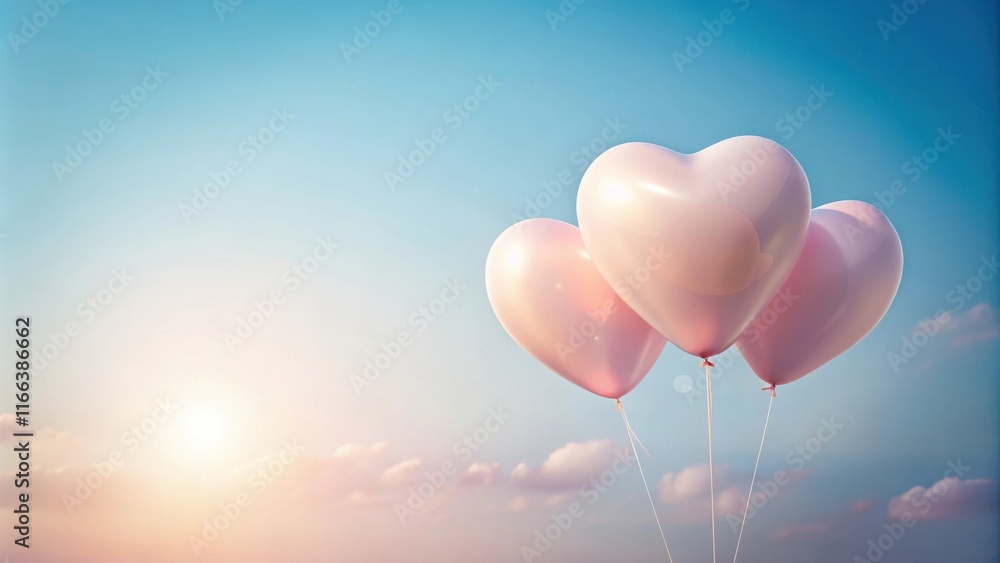 Three Pink Heart-Shaped Balloons Ascending in a Pastel Sky at Sunset Three Pink Heart-Shaped Balloons Ascending in a Pastel Sky at Sunset