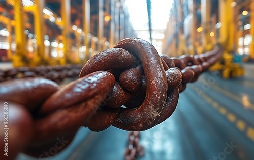 Close-up of rusty chain link knot in industrial setting. photo