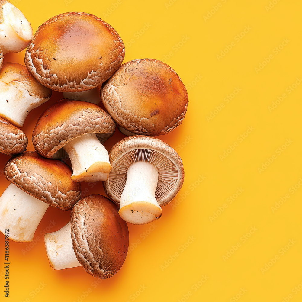 Fresh shiitake mushrooms on vibrant yellow background Fresh shiitake mushrooms on vibrant yellow background