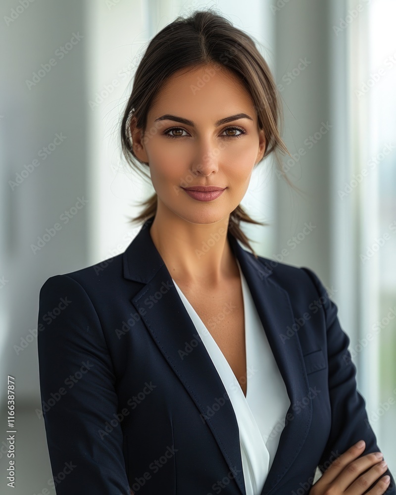 Confident businesswoman with arms crossed, smiling gently at the camera in a modern office setting. Confident businesswoman with arms crossed, smiling gently at the camera in a modern office setting.