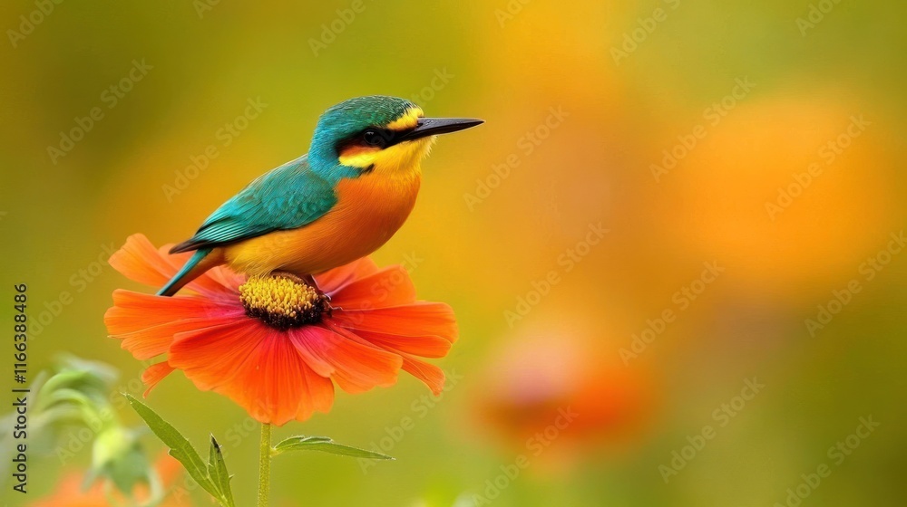 Fototapeta premium A vibrant bird perched on a bright flower against a soft, colorful background.