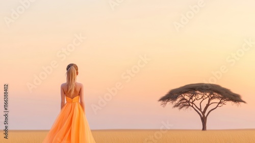 A girl in an orange dress gazes at a tree during sunset.