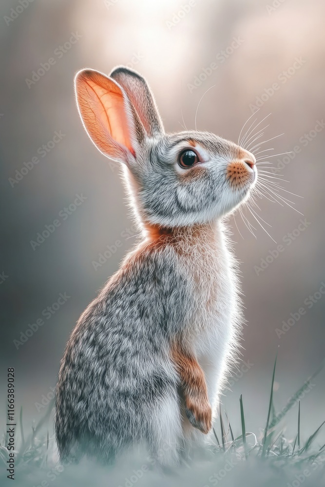 Obraz premium A cute rabbit stands on its hind legs, captured in soft lighting and a serene background.