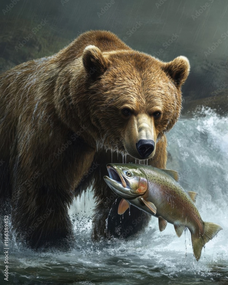 Fototapeta premium A bear catching a fish in a river, showcasing wildlife interaction.