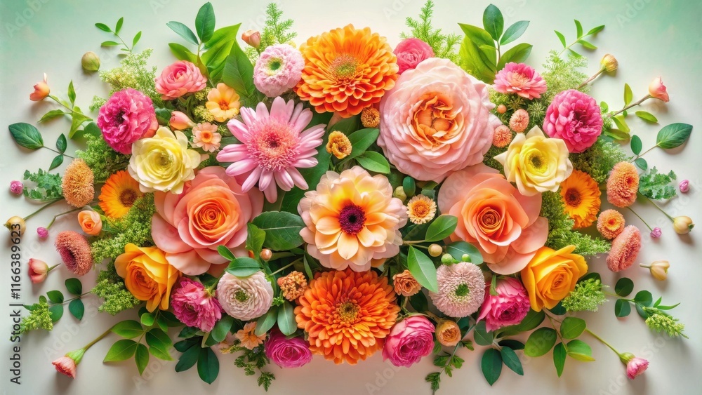 A vibrant arrangement of assorted blossoms, featuring roses, gerbera daisies, and ranunculus in a cheerful palette of peach, pink, and orange hues A vibrant arrangement of assorted blossoms, featuring roses, gerbera daisies, and ranunculus in a cheerful palette of peach, pink, and orange hues