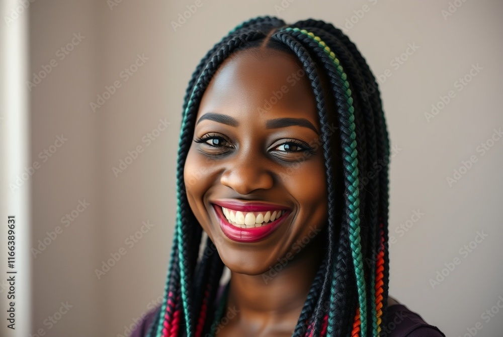 Smiling Young Woman with Colorful Braids in Natural Light Smiling Young Woman with Colorful Braids in Natural Light
