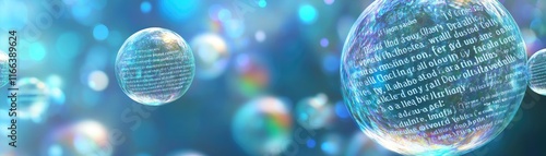 Abstract image of bubbles containing text, creating a digital or scientific theme.