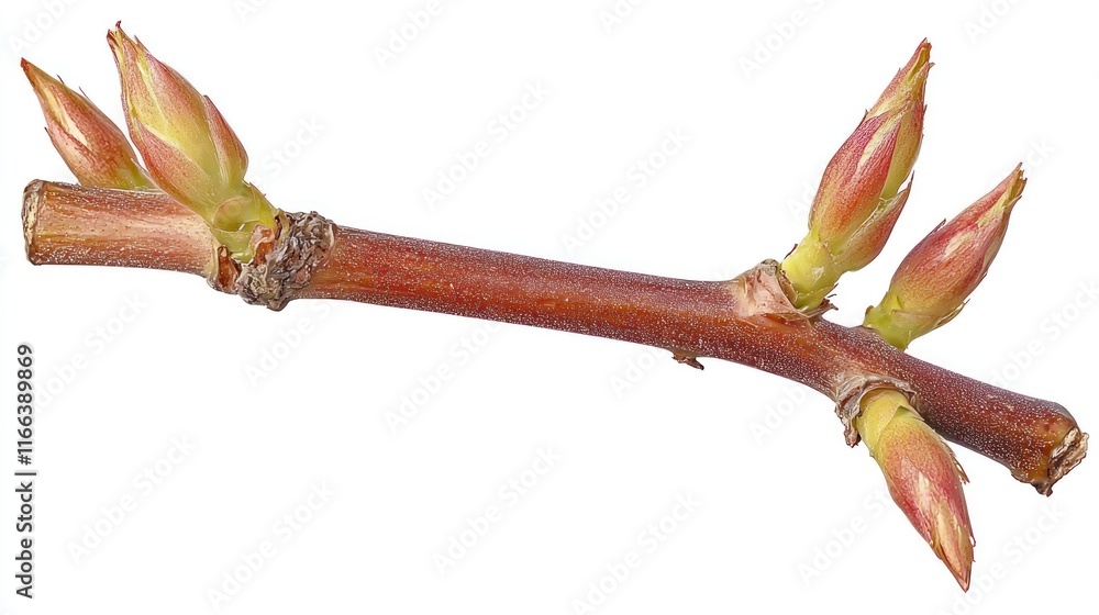A branch with budding leaves, showcasing early spring growth. A branch with budding leaves, showcasing early spring growth.