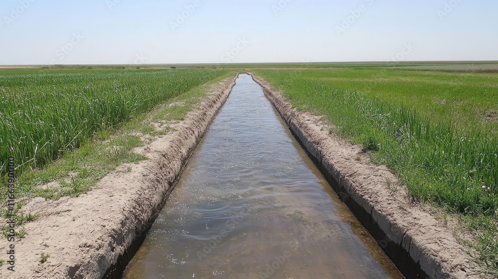 Fototapeta premium Community Farming in Rural Landscape with Irrigation Channel