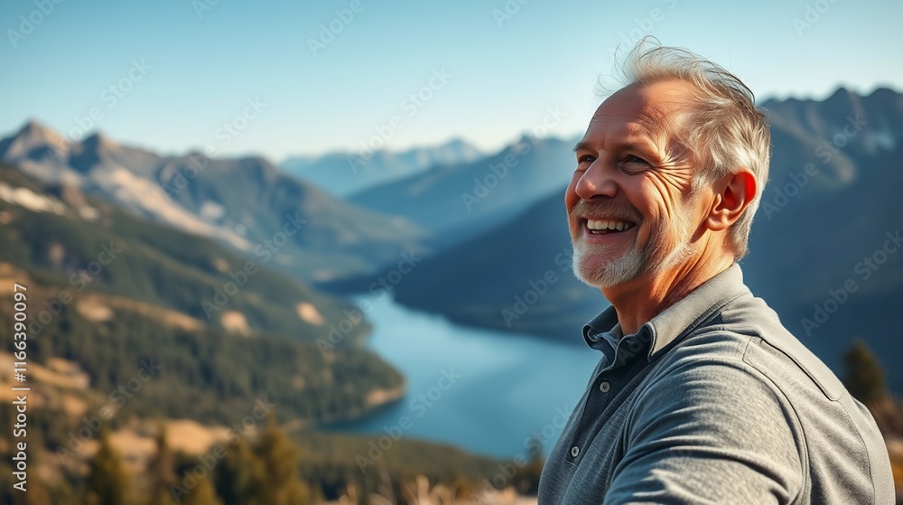 Smiling Senior Man Enjoying Scenic Mountain View Overlooking Serene Lake Environment Smiling Senior Man Enjoying Scenic Mountain View Overlooking Serene Lake Environment