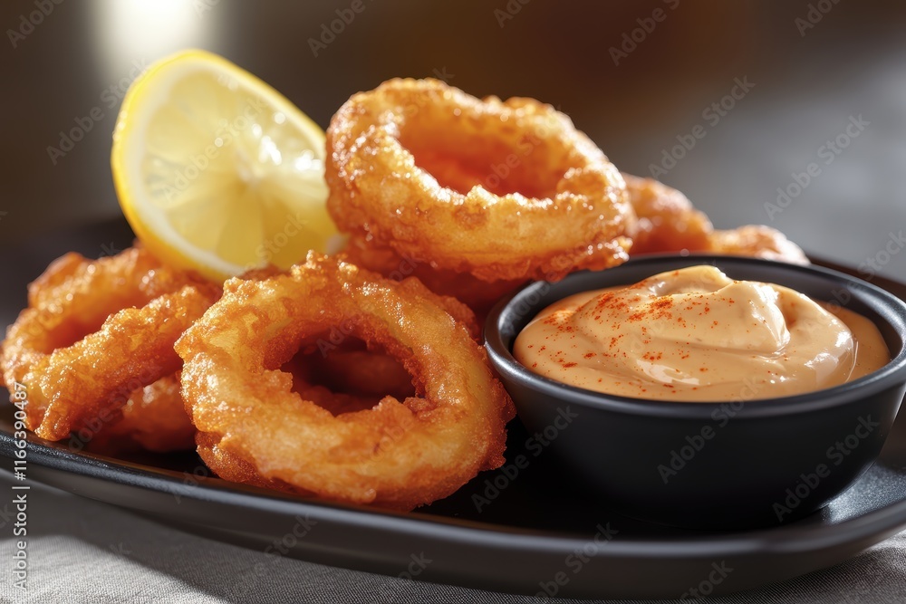 Golden Crispy Onion Rings on dark plate Golden Crispy Onion Rings on dark plate