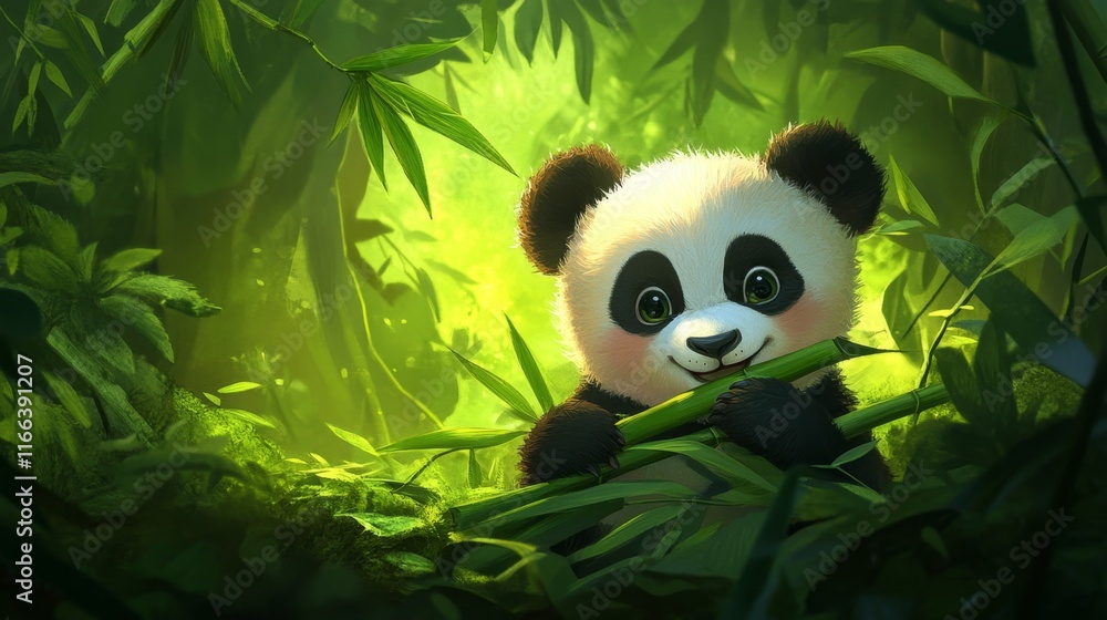 Obraz premium Adorable baby panda munching on bamboo in a lush green environment