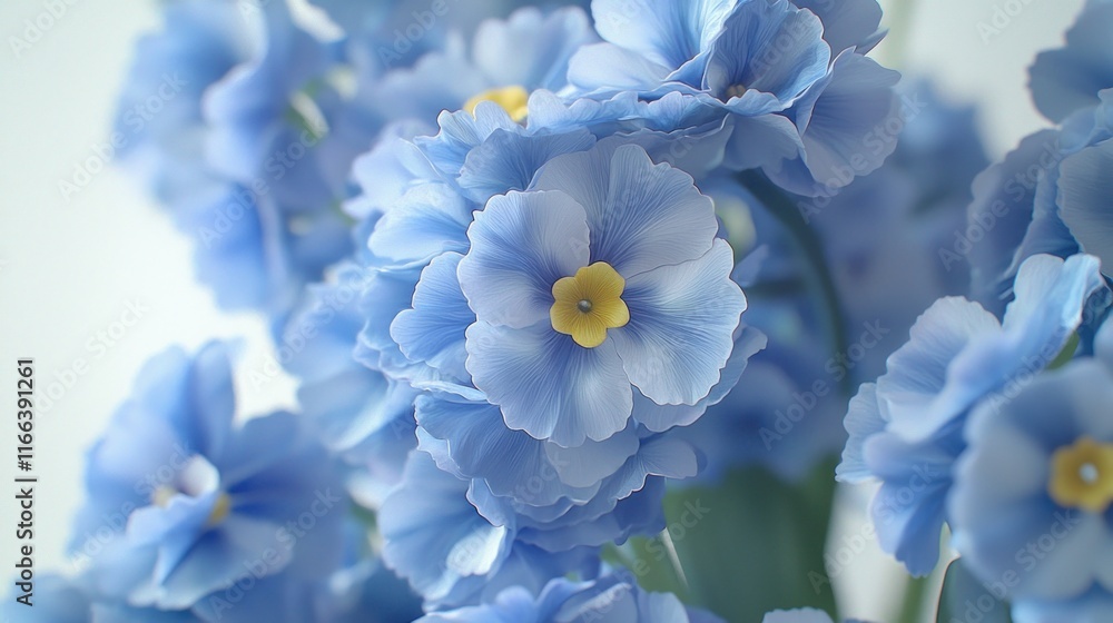 A close-up of delicate blue flowers with yellow centers. A close-up of delicate blue flowers with yellow centers.