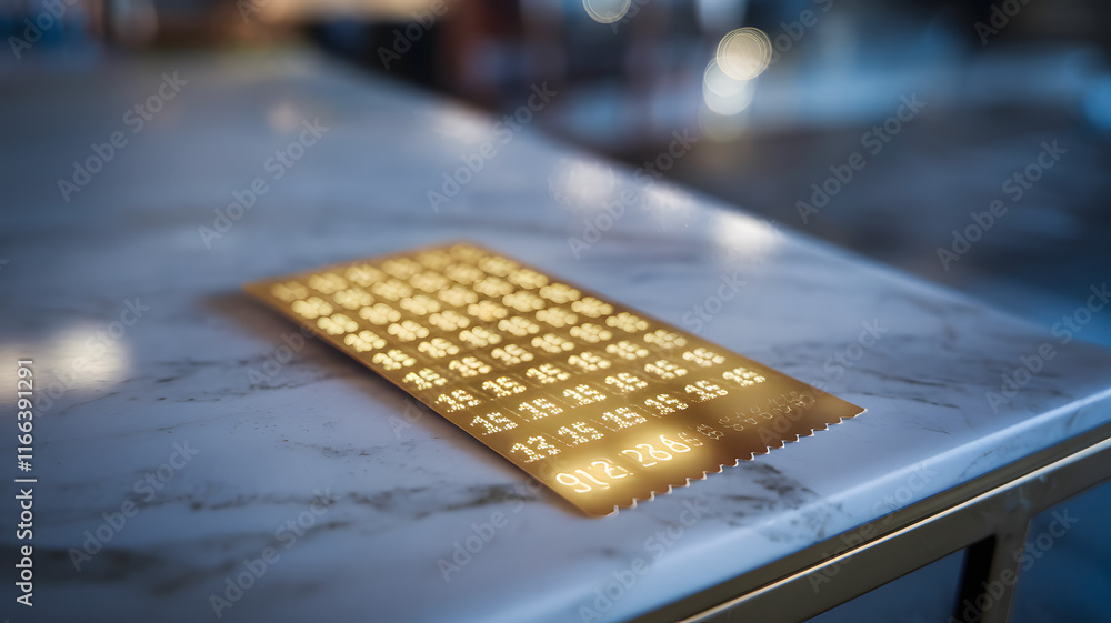 Golden lottery ticket with sparkling numbers on smooth marble surface, symbolizing luck and fortune, clean focused image with ample copy space.