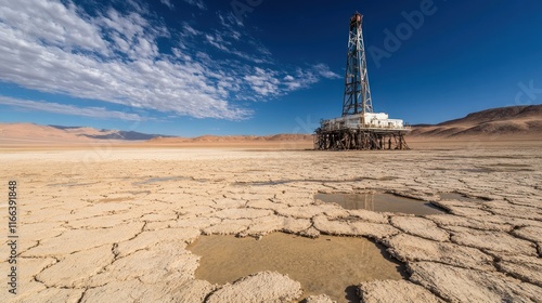 A drilling rig stands on cracked earth, surrounded by a dry landscape and distant mountains.