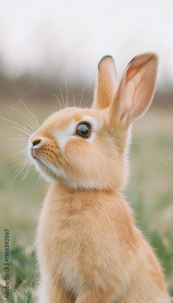 Fototapeta premium A cute, fluffy rabbit sitting on grass, gazing thoughtfully into the distance.