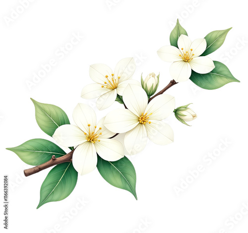 A branch with white jasmine flowers and green leaves , against a white background