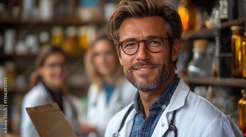 Smiling doctor in a laboratory setting. Smiling doctor in a laboratory setting.