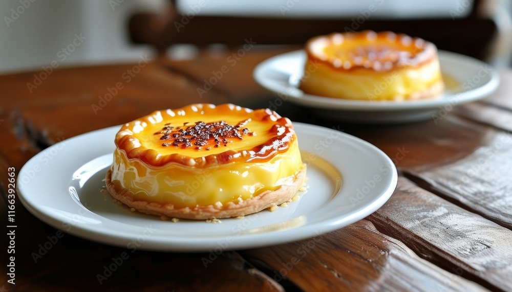 Sweet and Warm Tart with Creamy Custard Layer and Caramelized Topping on Wooden Table Sweet and Warm Tart with Creamy Custard Layer and Caramelized Topping on Wooden Table