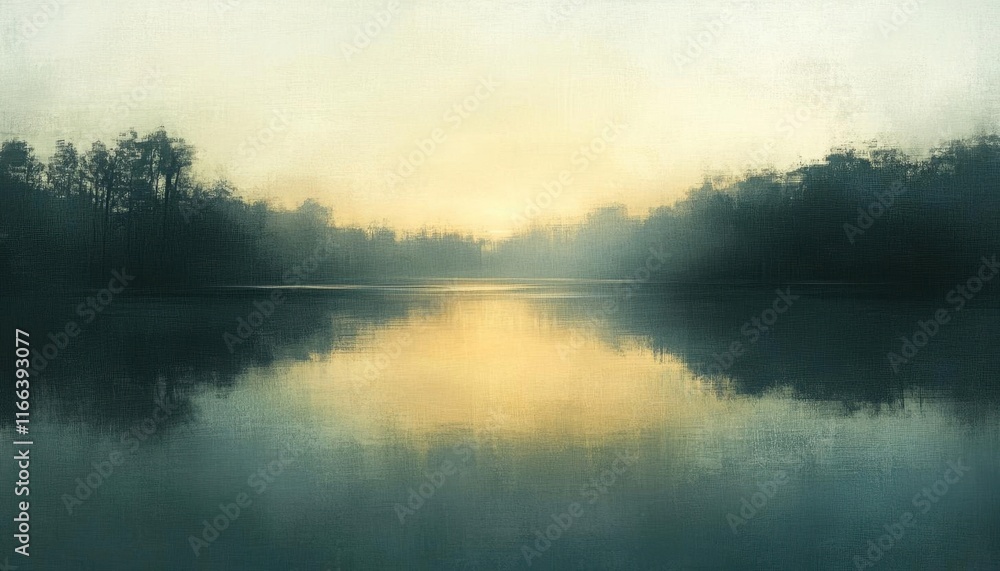 Serene landscape at dawn with misty reflections on calm water. Serene landscape at dawn with misty reflections on calm water.