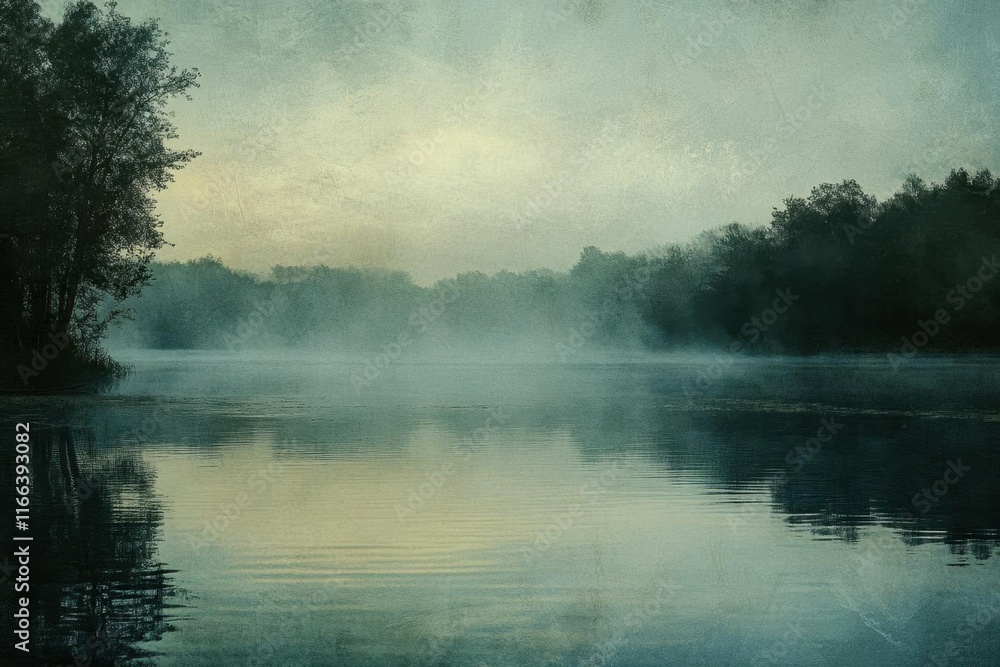 Serene misty lake at dawn, reflecting trees and soft light. Serene misty lake at dawn, reflecting trees and soft light.