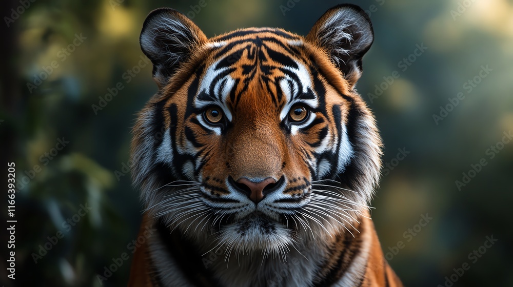 Fototapeta premium A majestic tiger gazing directly at the viewer in a lush setting.