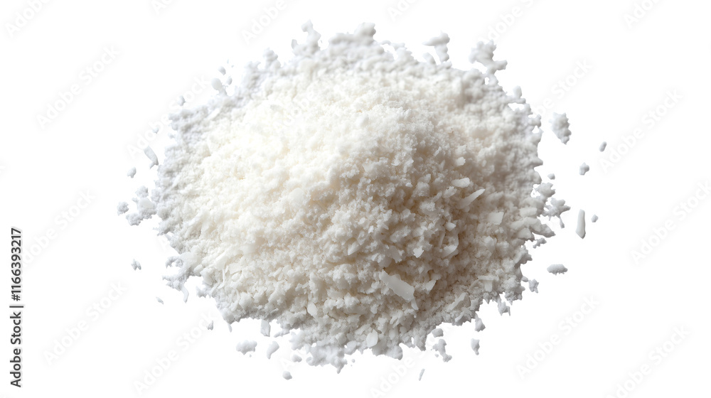 top view on one single ground coconut flakes powder pile heap isolated on white background top view on one single ground coconut flakes powder pile heap isolated on white background