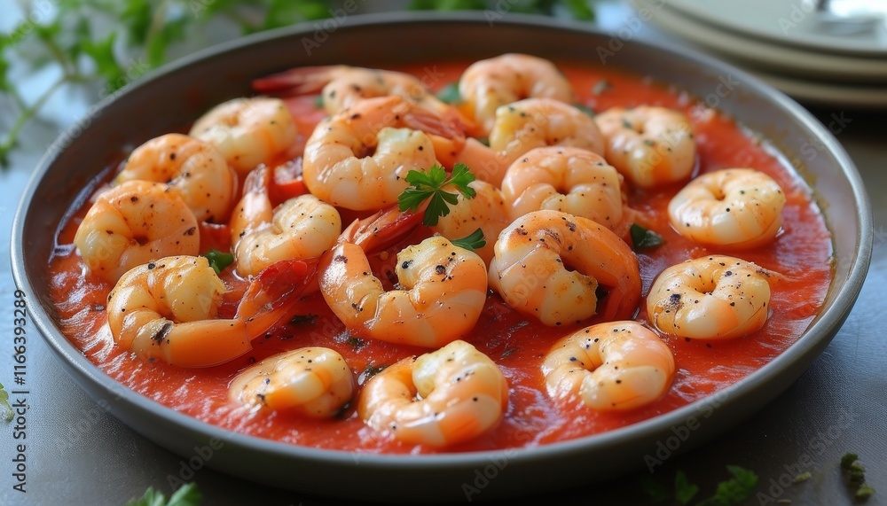 Delicious Shrimp Dish in Spicy Tomato Sauce Garnished with Fresh Herbs and Spices Delicious Shrimp Dish in Spicy Tomato Sauce Garnished with Fresh Herbs and Spices