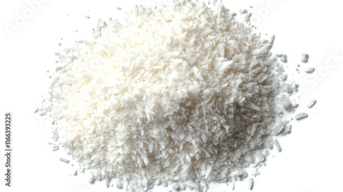 top view on one single ground coconut flakes powder pile heap isolated on white background