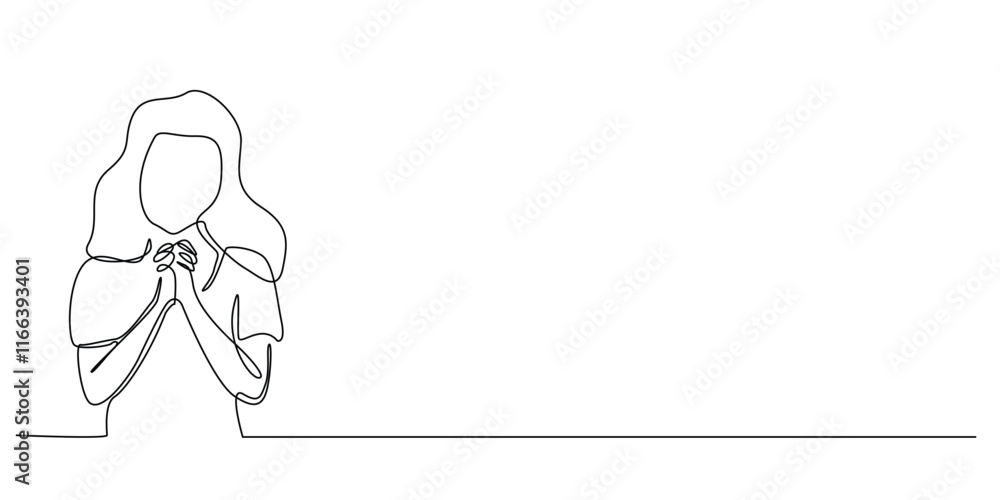 continuous line drawing of woman praying in christian religion.one line drawing of christian woman praying bending both hands.simple single line vector illustration.isolated white background continuous line drawing of woman praying in christian religion.one line drawing of christian woman praying bending both hands.simple single line vector illustration.isolated white background
