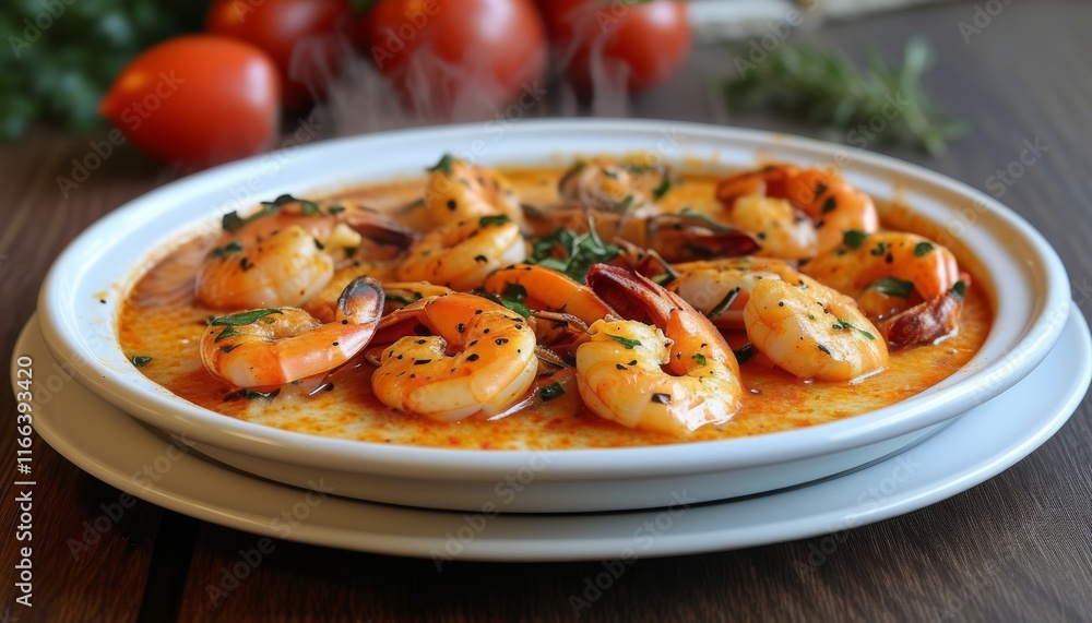 Delicious shrimp casserole with fresh herbs and tomatoes on a wooden table Delicious shrimp casserole with fresh herbs and tomatoes on a wooden table
