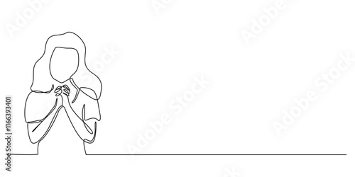 continuous line drawing of woman praying in christian religion.one line drawing of christian woman praying bending both hands.simple single line vector illustration.isolated white background