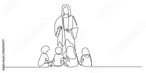 continuous line drawing of the Lord Jesus telling stories to children. one line drawing of the Lord Jesus surrounded by children. simple single line vector illustration. isolated on white background