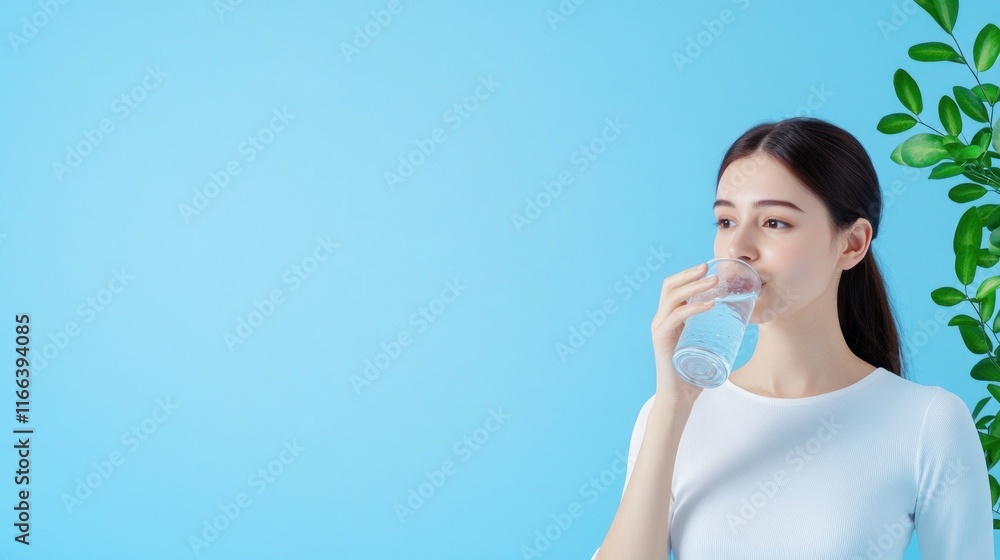 A woman drinking water against a blue background with plants. A woman drinking water against a blue background with plants.