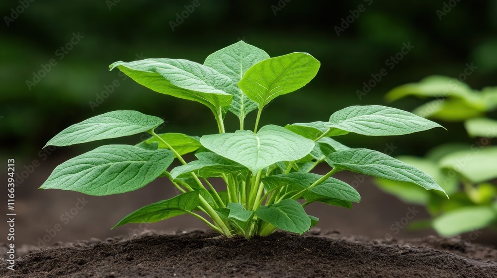 A young plant with vibrant green leaves emerging from soil. A young plant with vibrant green leaves emerging from soil.