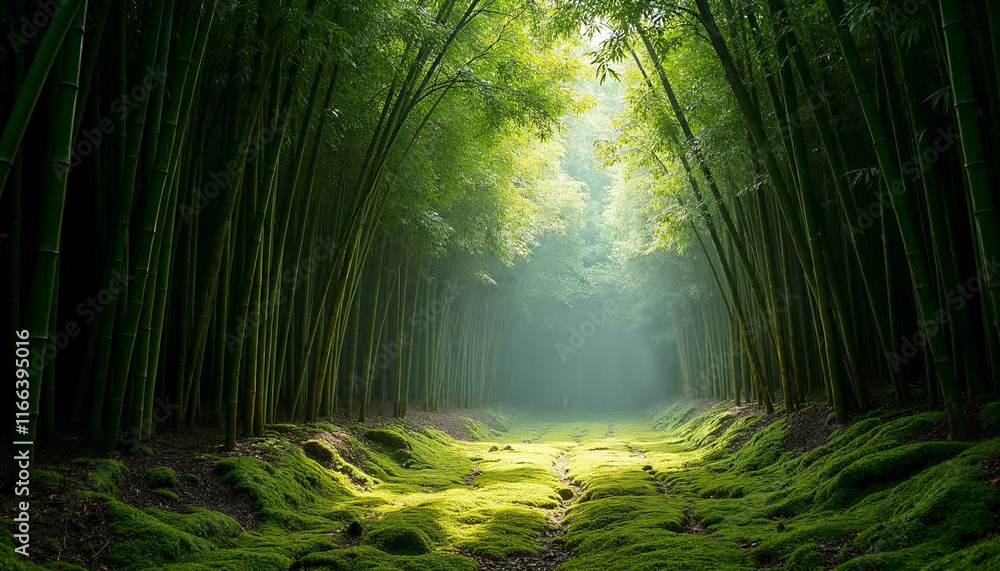 Fototapeta premium Lush bamboo forest with tall green stalks, pathway leading through center, casting soft glow in shaded environment.