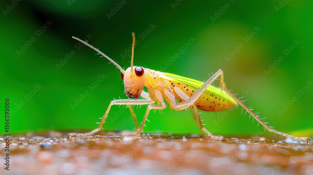 Fototapeta premium [Closeup of green insect standing on soil] Insect Portrait Close-up of Focused Grasshopper or Cricket on Earthy Background