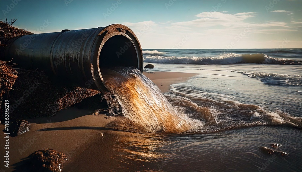 polluted water flowing on to a beach