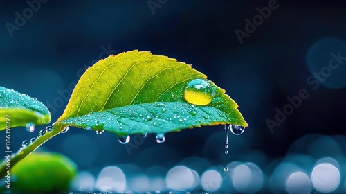 [Droplets on rainkissed leaf] Raindrop Glisten on Green Leaf Suspended in Air Magical Moment Caught After Rainfall photo