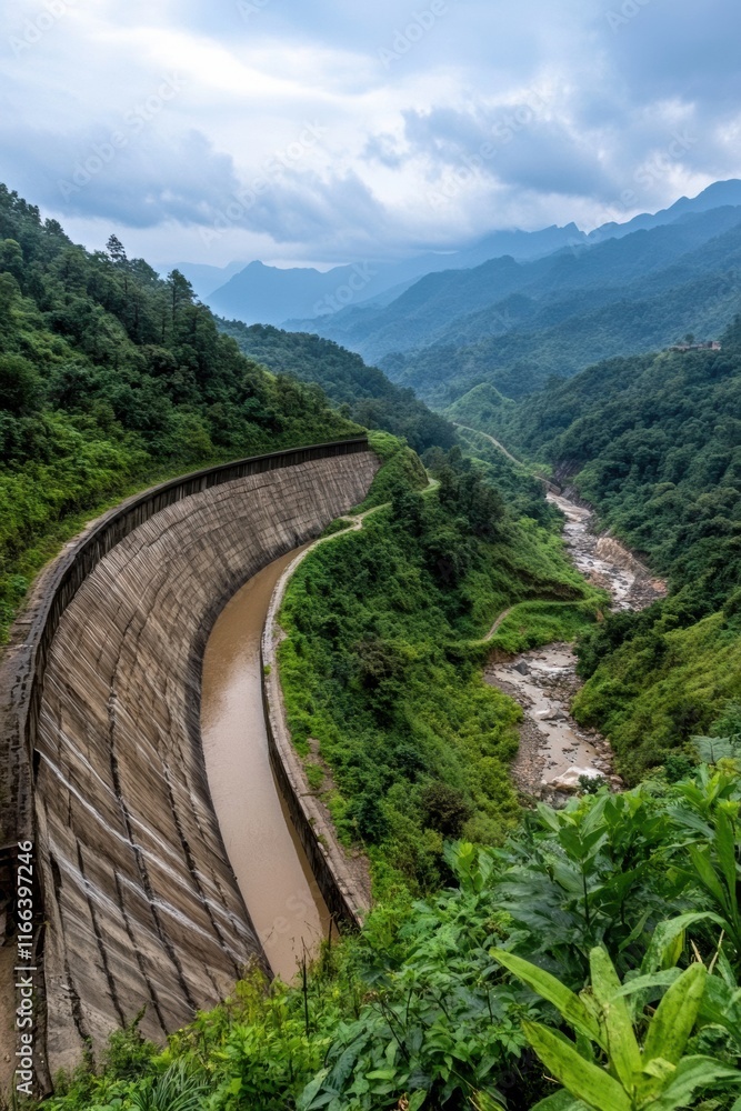 Majestic Dam Surrounded by Lush Green Hills and Flowing River on Cloudy Day, Environment Protection Concept