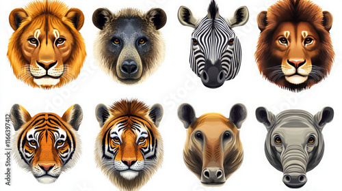 realistic wildlife head portraits: lion, tiger, zebra, and bear vector illustrations for zoos, safaris, and digital art collections photo