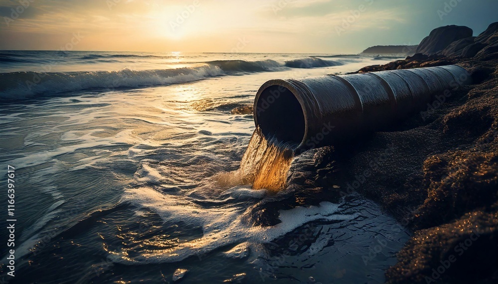 dirty sewer brown water flowing in to the sea
