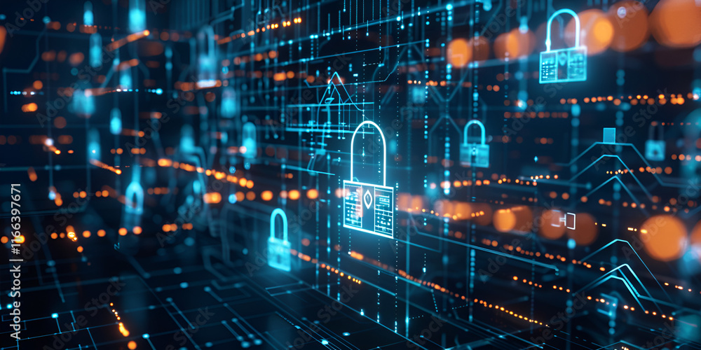 Digital Security Network with Padlock Icons, Cybersecurity Concept with Data Protection Digital Security Network with Padlock Icons, Cybersecurity Concept with Data Protection