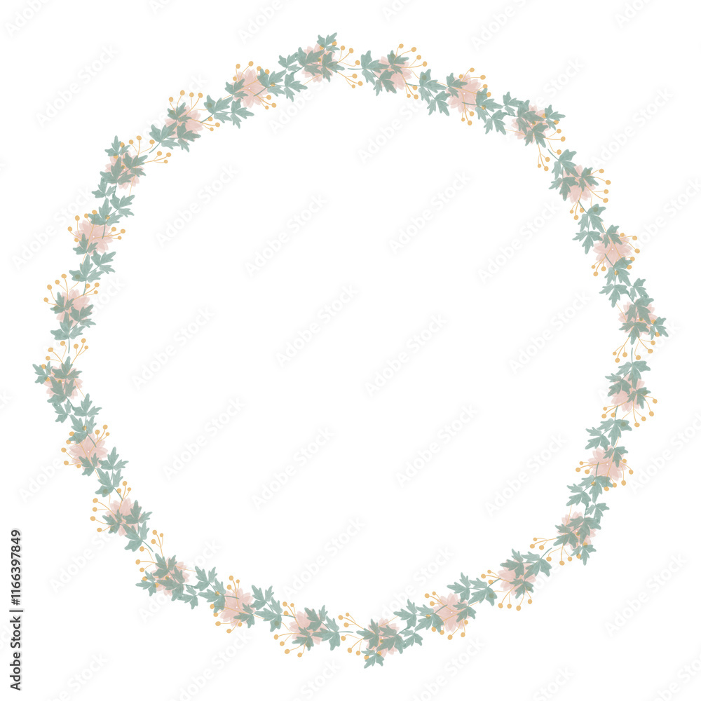 Round floral wreath frame with hand drawn flowers and leaves decoration
Round floral wreath frame with hand drawn flowers and leaves decoration
